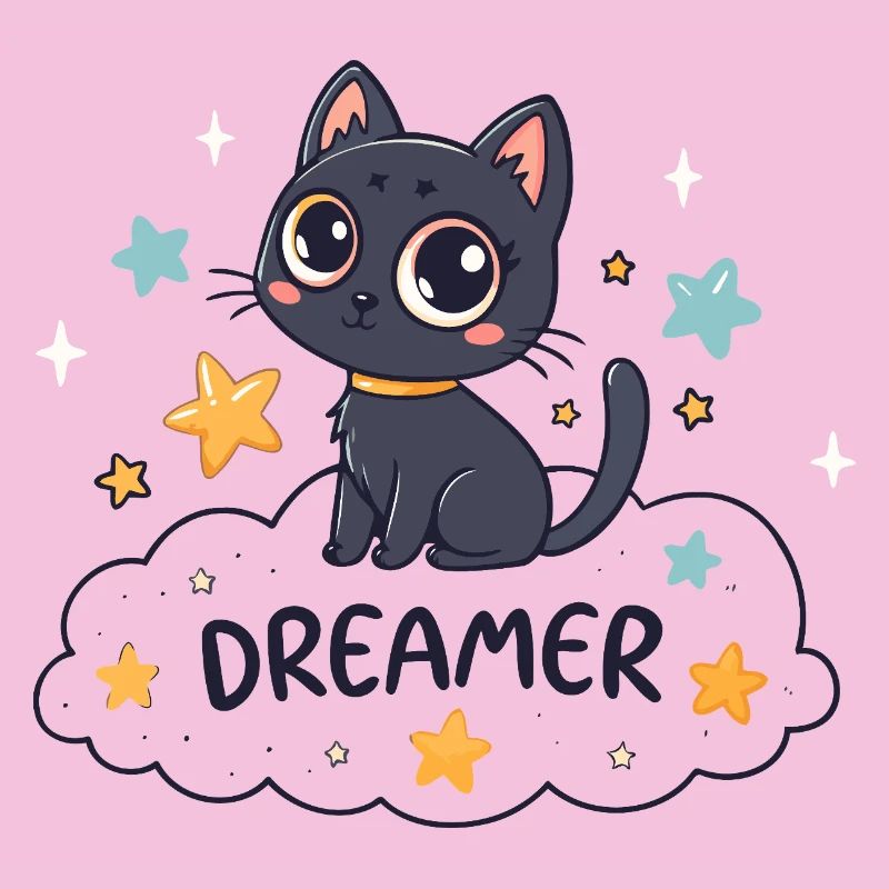 Chat rêveur étoilé sur nuage