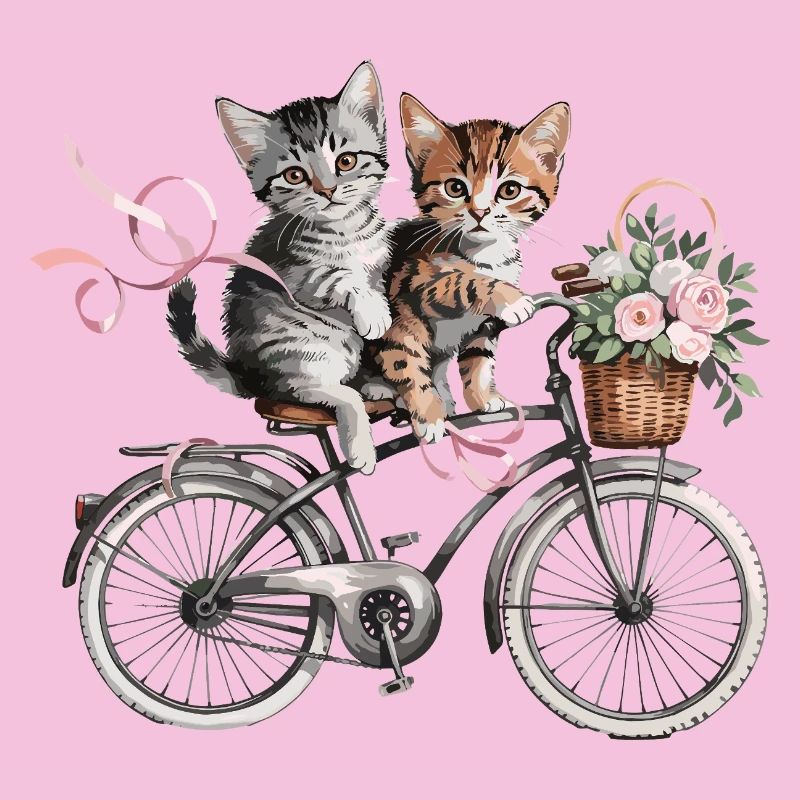 Des chatons mignons sur le vélo avec un panier de fleurs