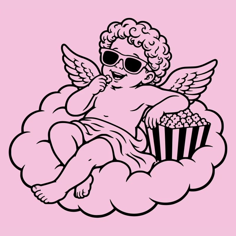 Un chérubin frissonne avec du pop-corn sur un nuage
