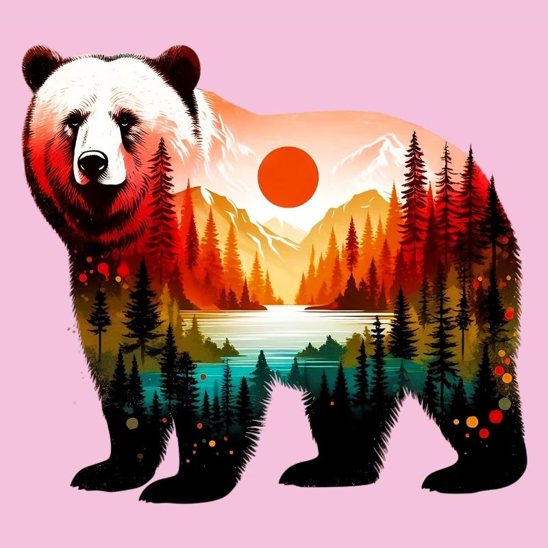 Decorated bear painted with forest landscape