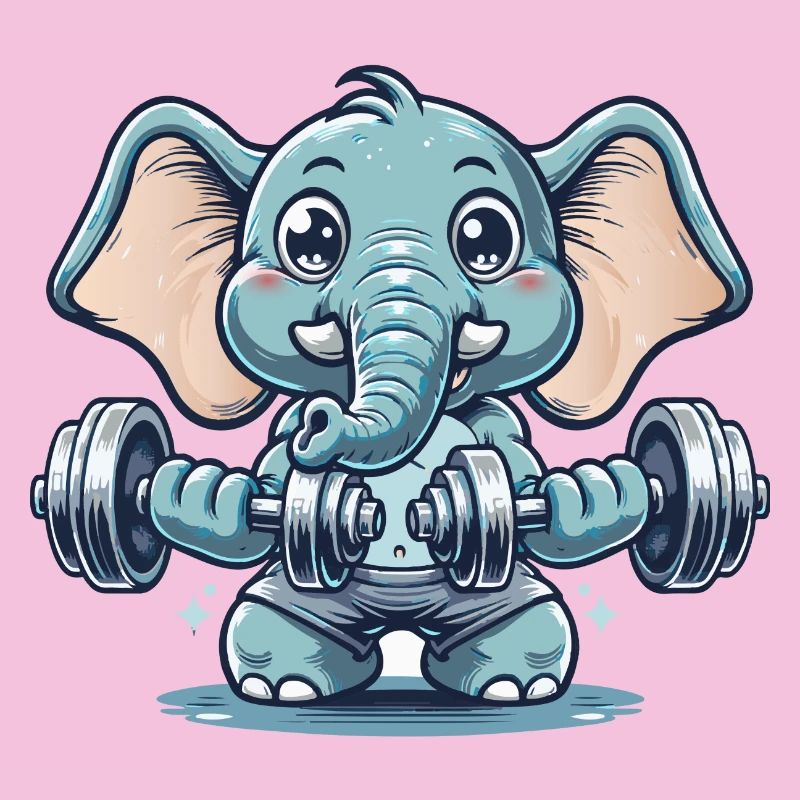 Cute cartoon elephant doing strength training