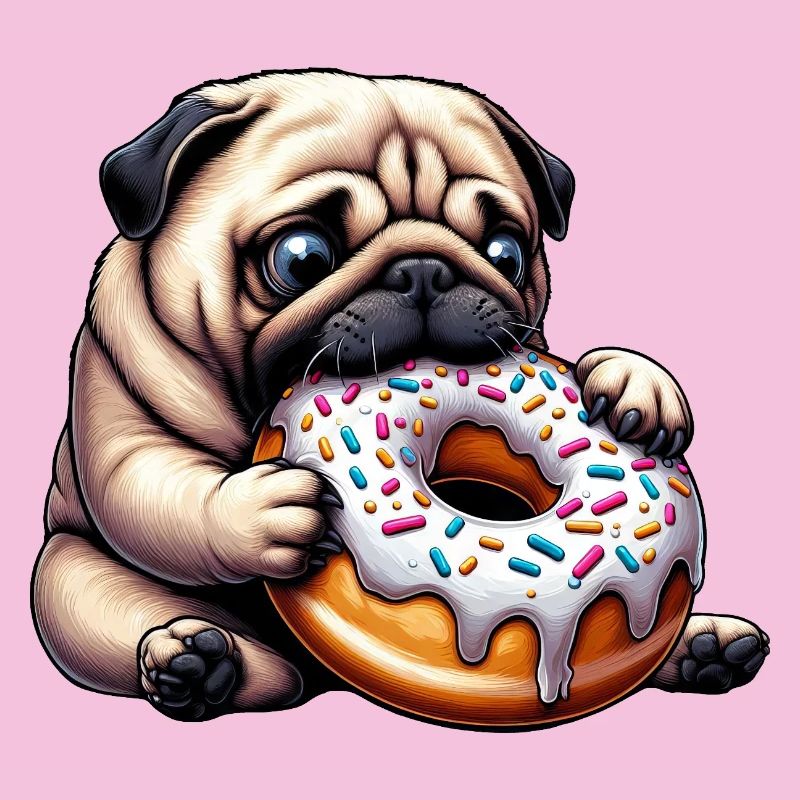 Carlin mignon avec beignet dessin animé Snacking drôle