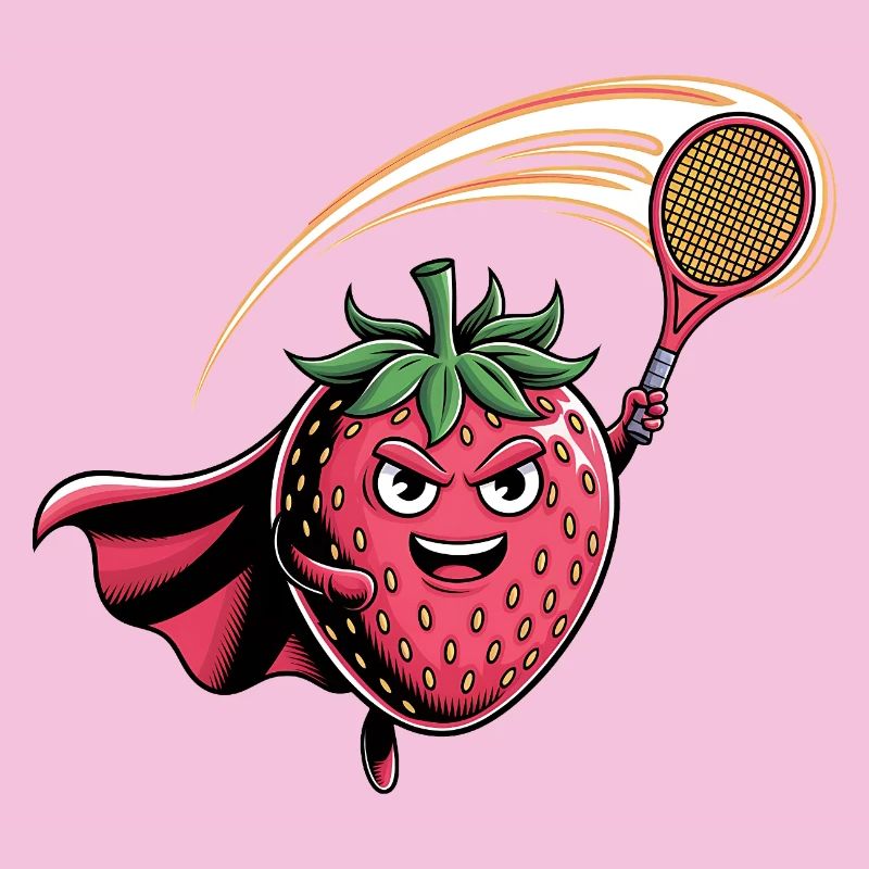 Erdbeere Superheld Tennis Smash mit Schläger