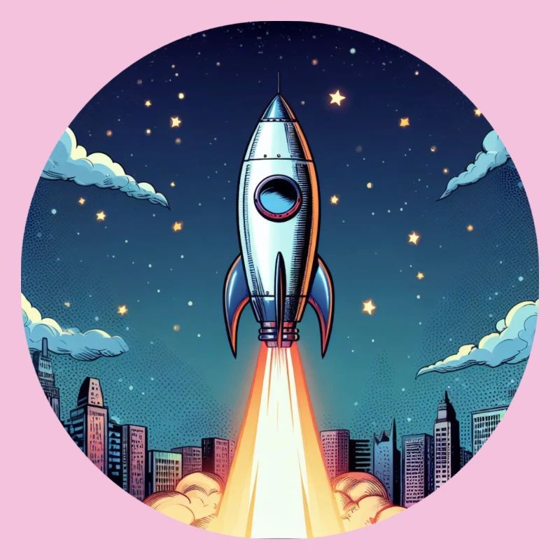 Rocket launch into space in front of night sky in comic style