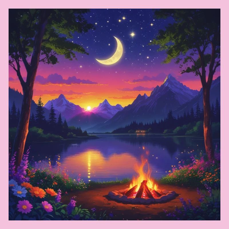 Moonlit Night at Mountain Lake Campfire