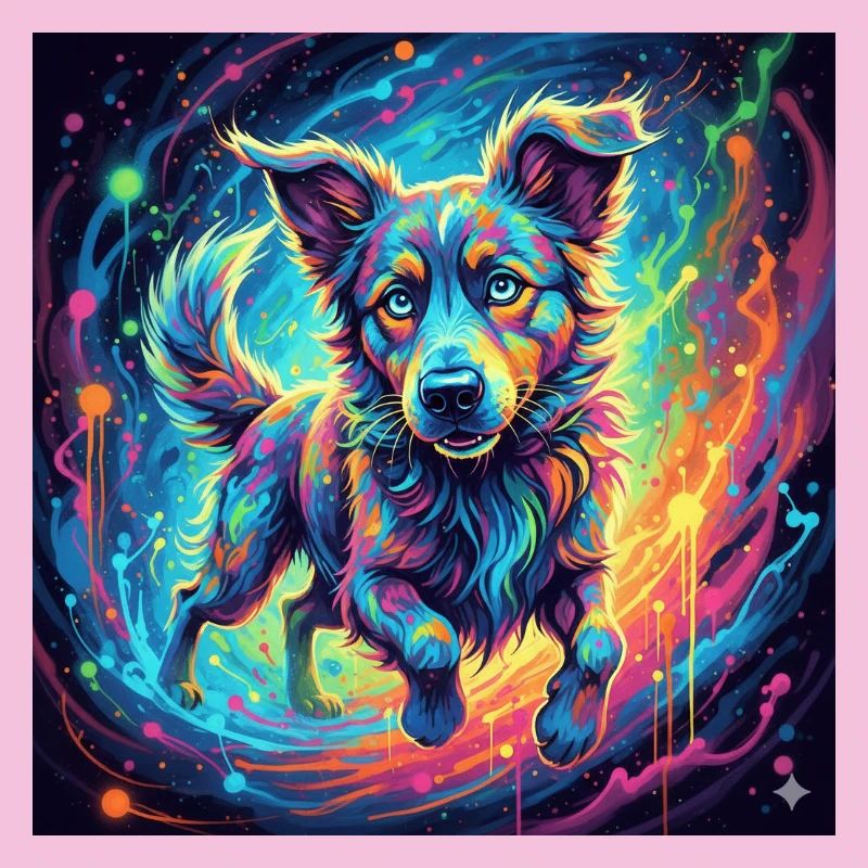 Un chien néon dans un tourbillon de couleurs