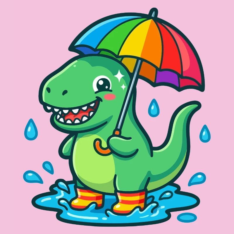 Dino mit buntem Regenbogenschirm