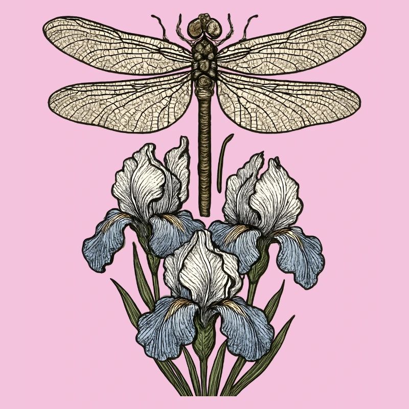 Libelle über Irisblüten