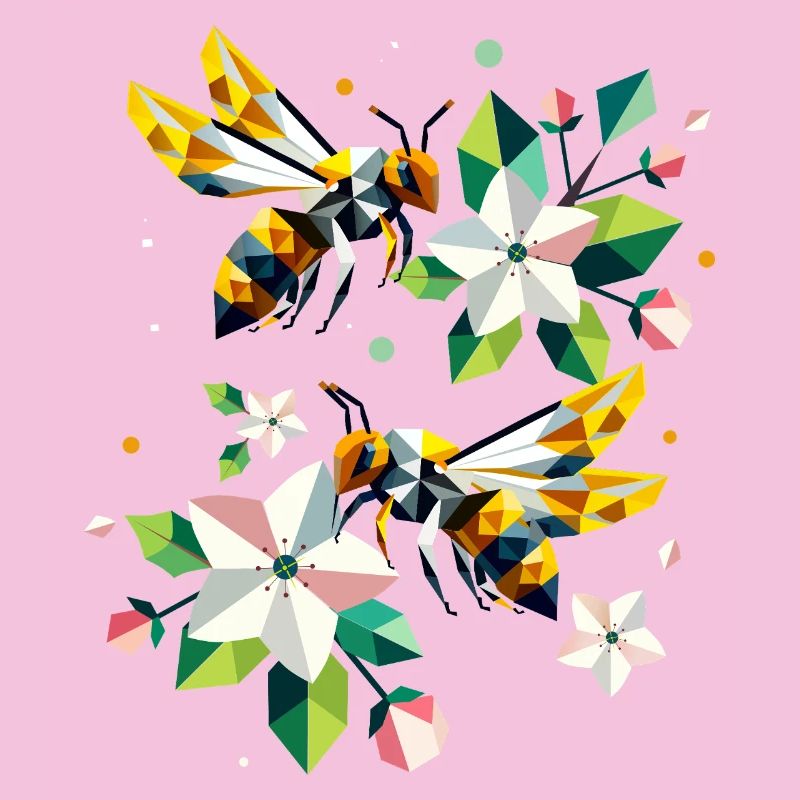 Bees and apple blossoms in harmonious colours