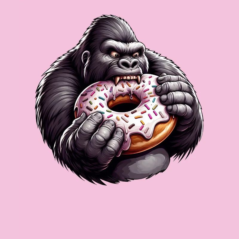 Funny gorilla with donut cartoon snacking