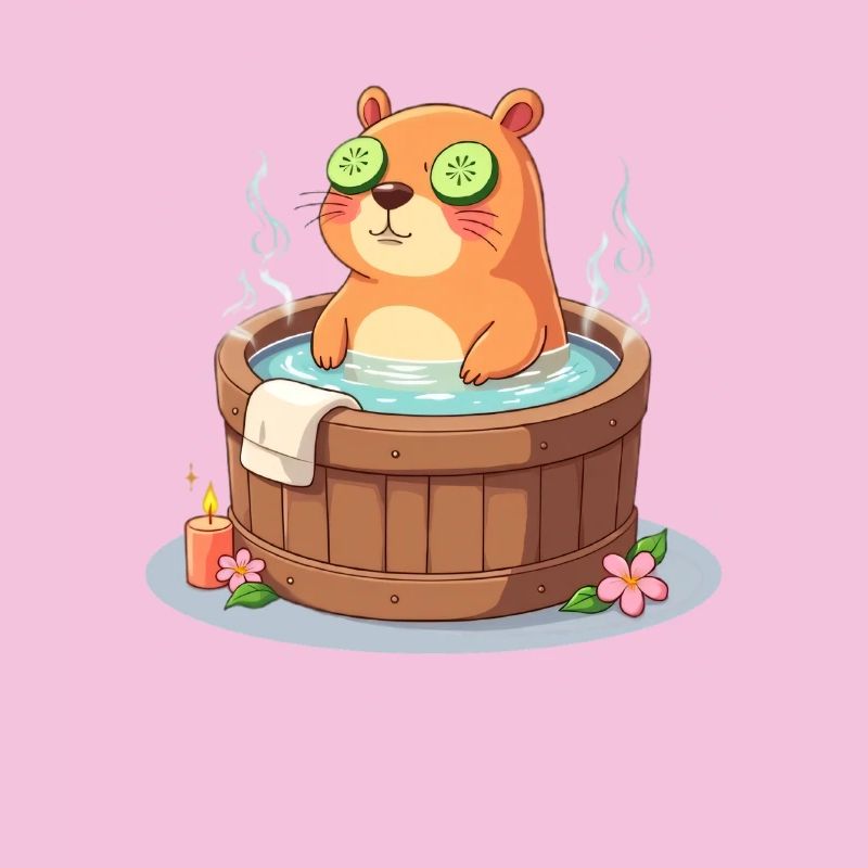 Capybara dans le bain avec des tranches de concombre