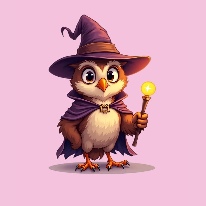 Magical owl wizard with magic wand