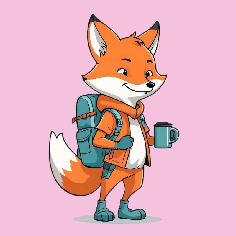 Adventure fox with backpack and cup