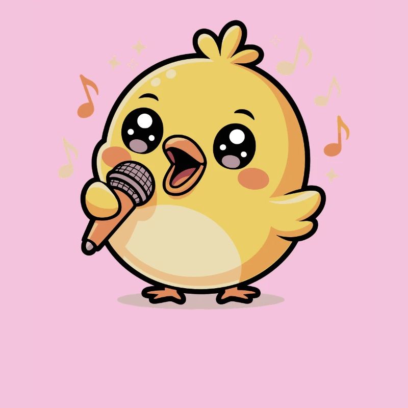 Poussin joyeux qui chante avec un microphone et des notes