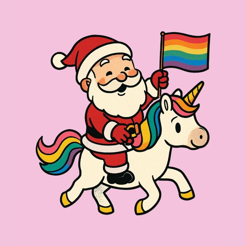 Süßer Weihnachtsmann reitet Einhorn mit Regenbogen