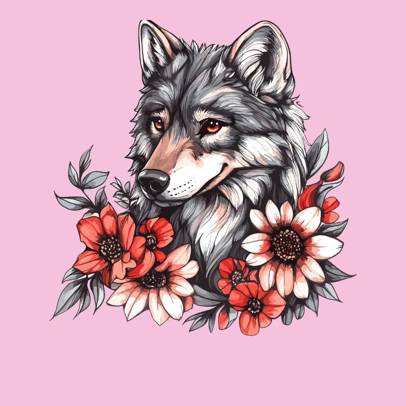 Wolf mit Blütenkranz