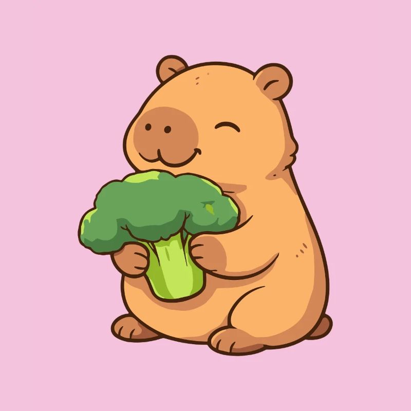 Capybara with broccoli – relaxed & cute