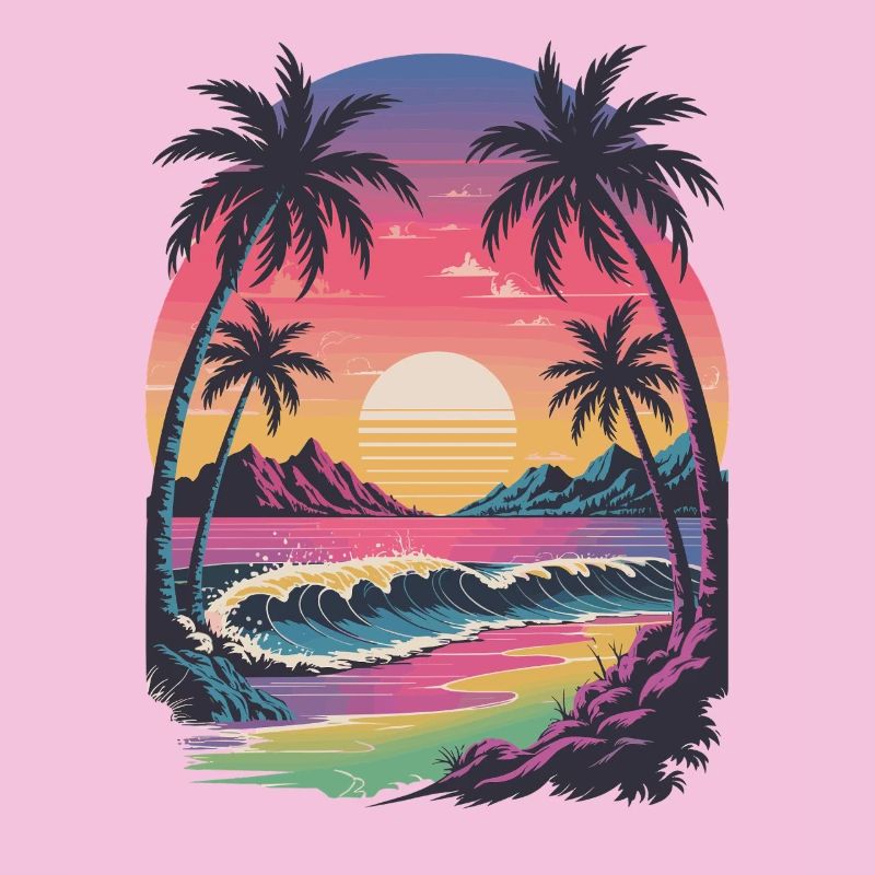 Retro Tropical Sunset Surfer Beach