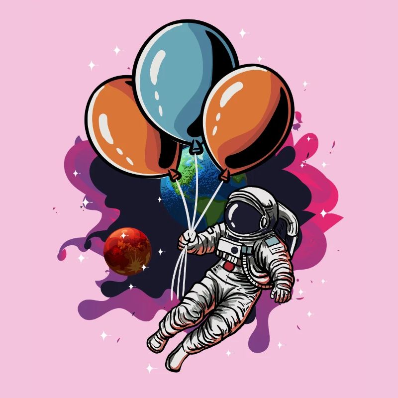 Astronaute avec essaim de ballons dans l’espace