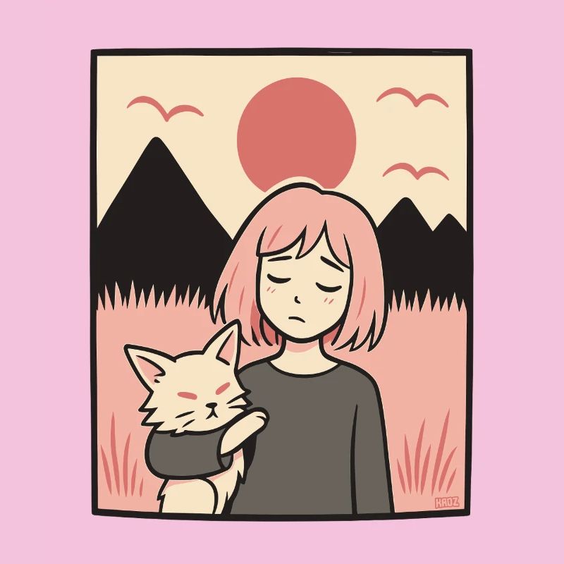 Mädchen mit Katze vor Bergen