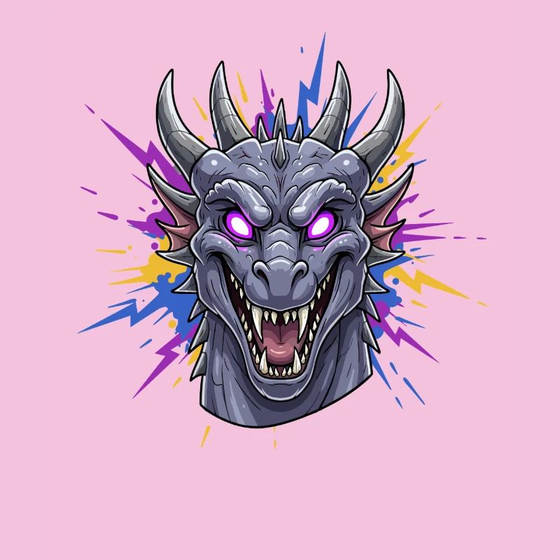 Neon Dragon Head with Paint Splashes