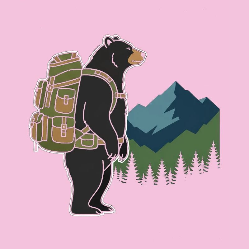 Bear with backpack in front of mountain landscape