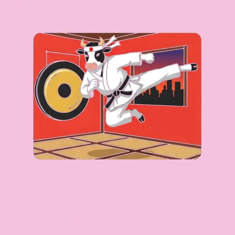 Vache en coup de karaté devant le dojo rouge
