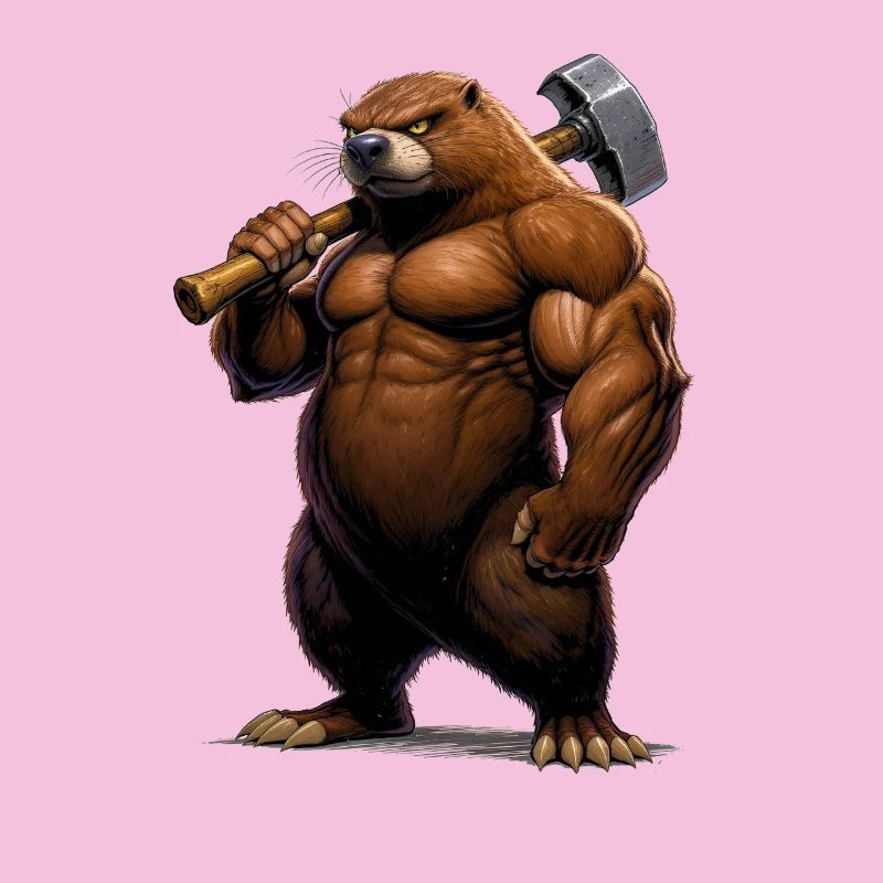 Muscular comic mole with hammer