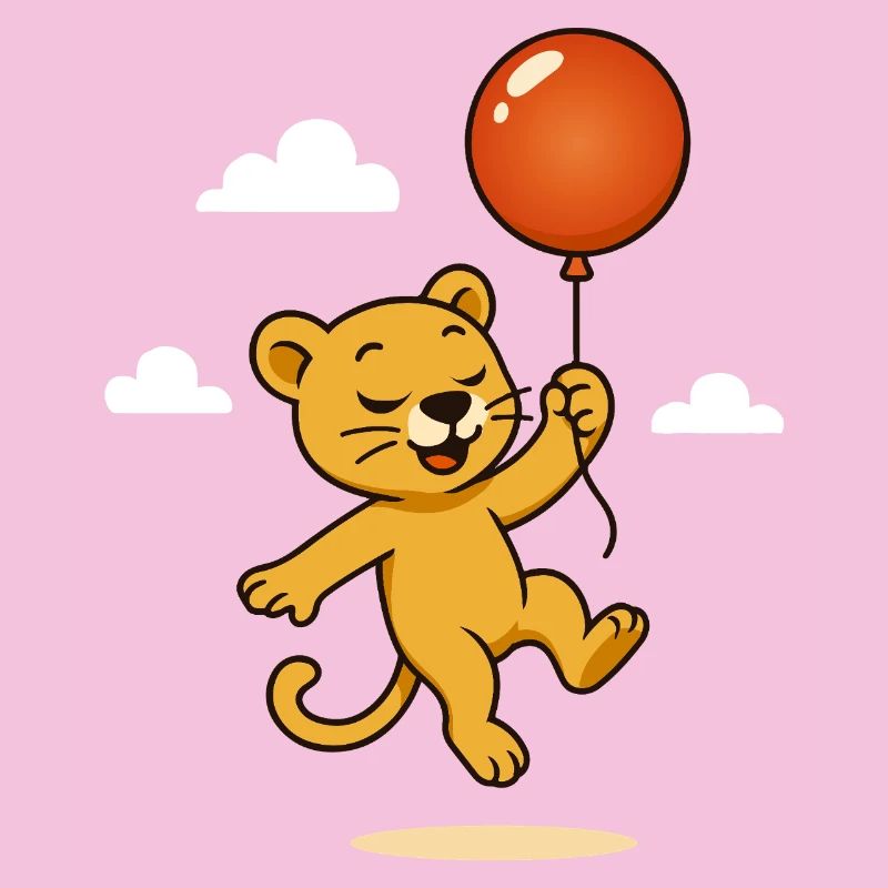 Fröhlicher Löwe mit Ballon schwebt durch die Lüfte