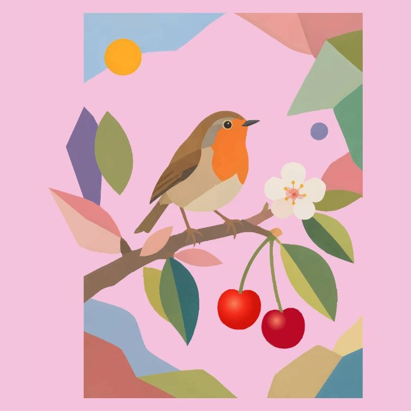 Rotkehlchen Vogel auf Ast Kirsch Design