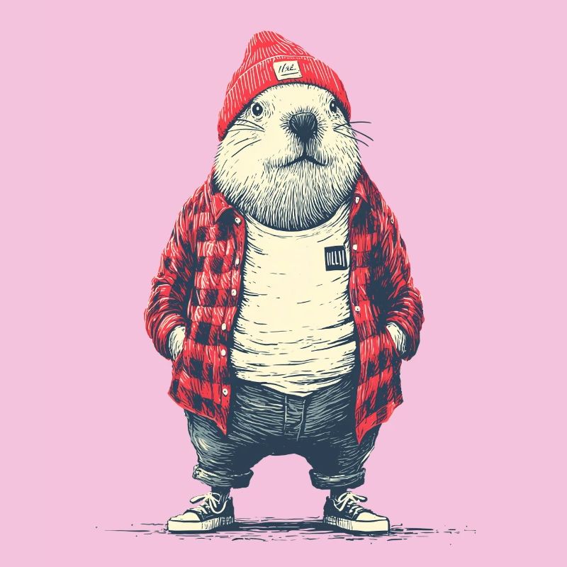 Beaver in red plaided jacket