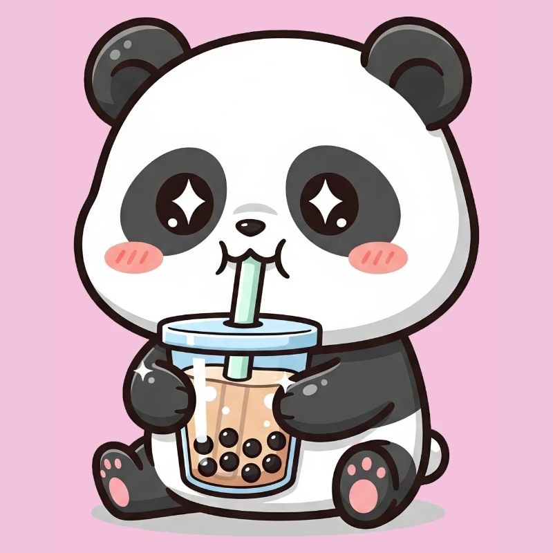 Cuddly panda bear with bubble tea