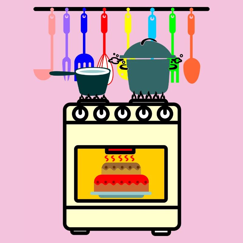 Kitchen utensils with oven pans on fire and cake