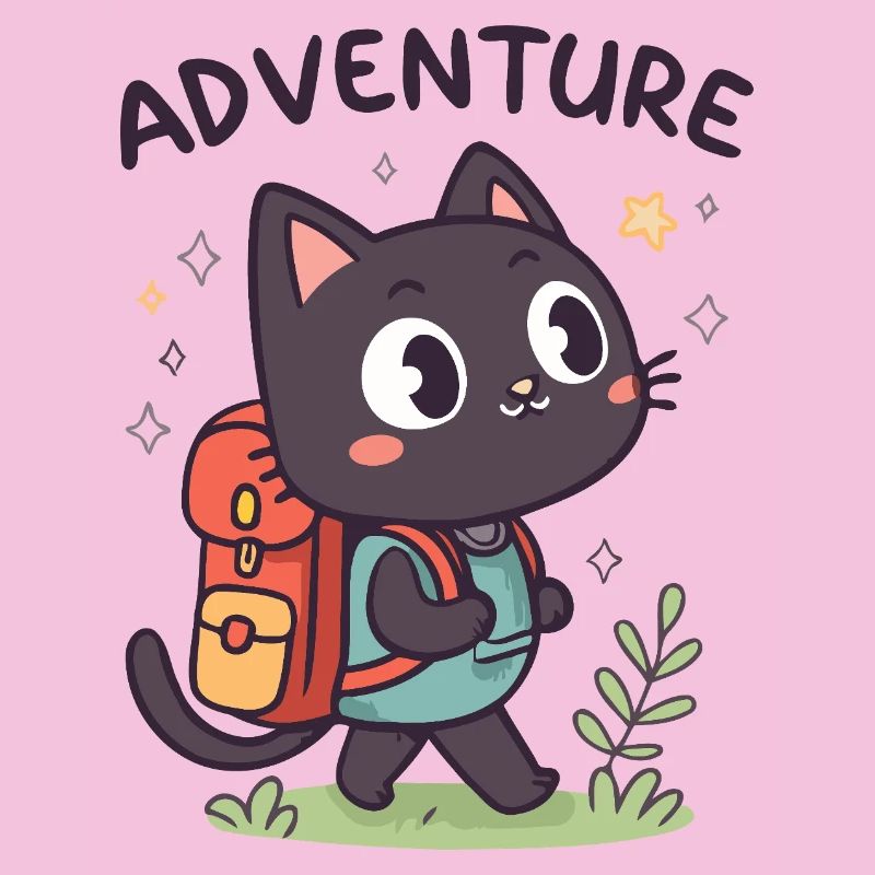 Adventurous Black Cat with Backpack