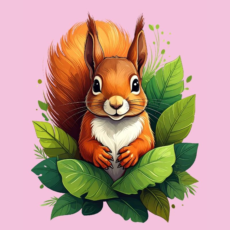 A squirrel between green leaves in the forest