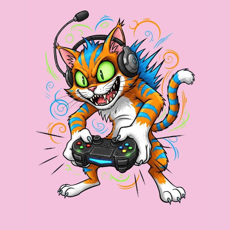 Neon Gaming Katze mit Controller Gamer Kater