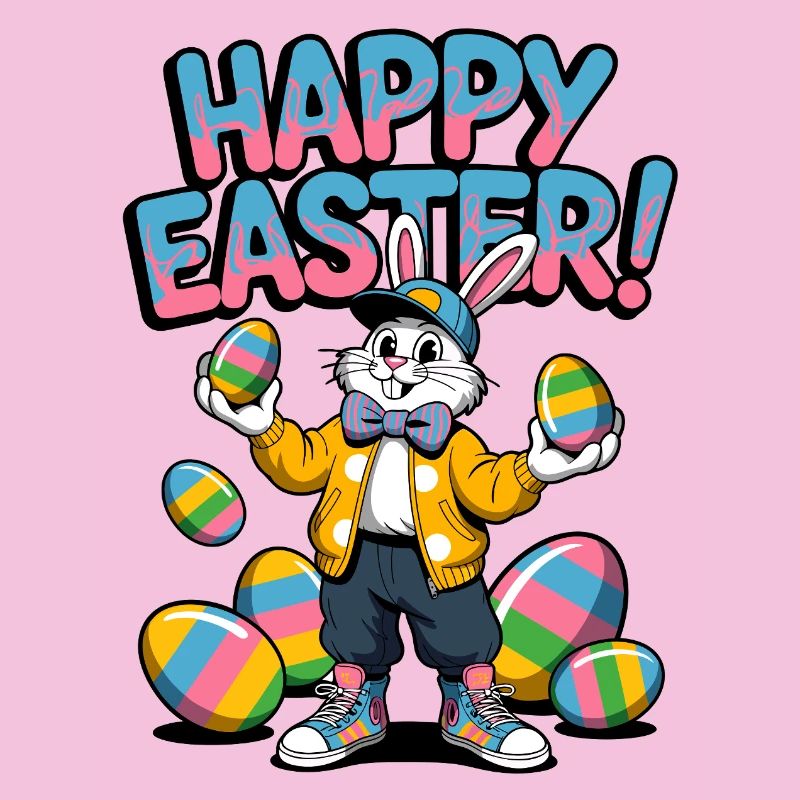 Fröhlicher Osterhase mit bunten Eiern