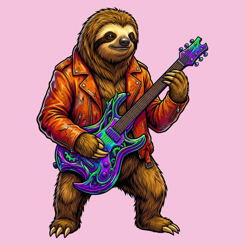 Sloth in leather jacket with neon electric guitar