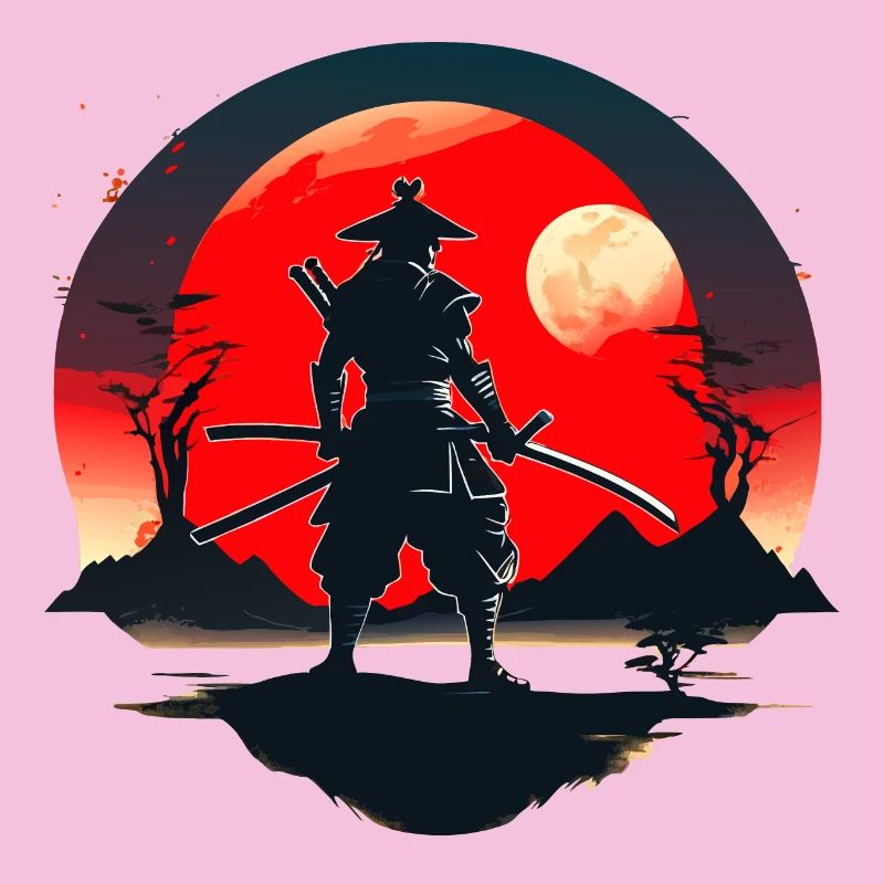 Samurai Silhouette with Red Moon Background