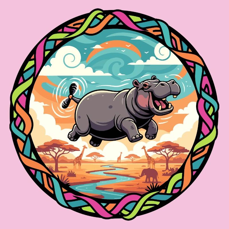 Witziger Hippo fliegendes Nilpferd bunt Savanne 