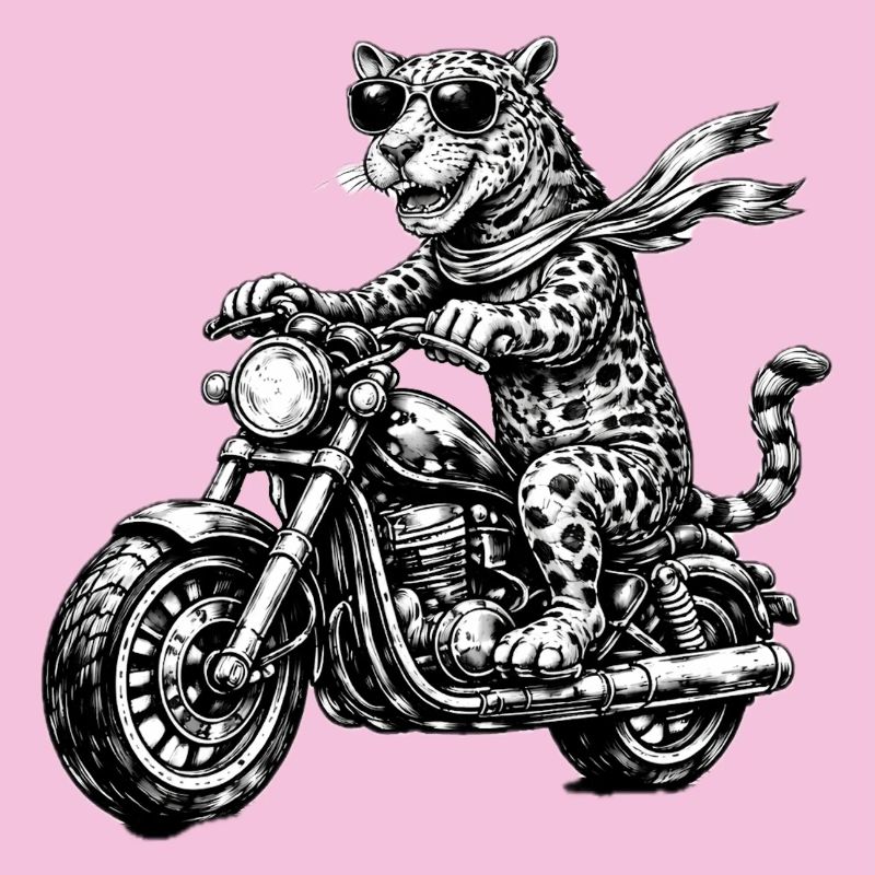 Leopard auf Motorrad mit Sonnenbrille