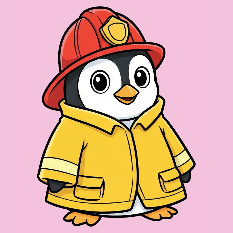 Dessin animé Pompier Aidant Pingouin Mignon