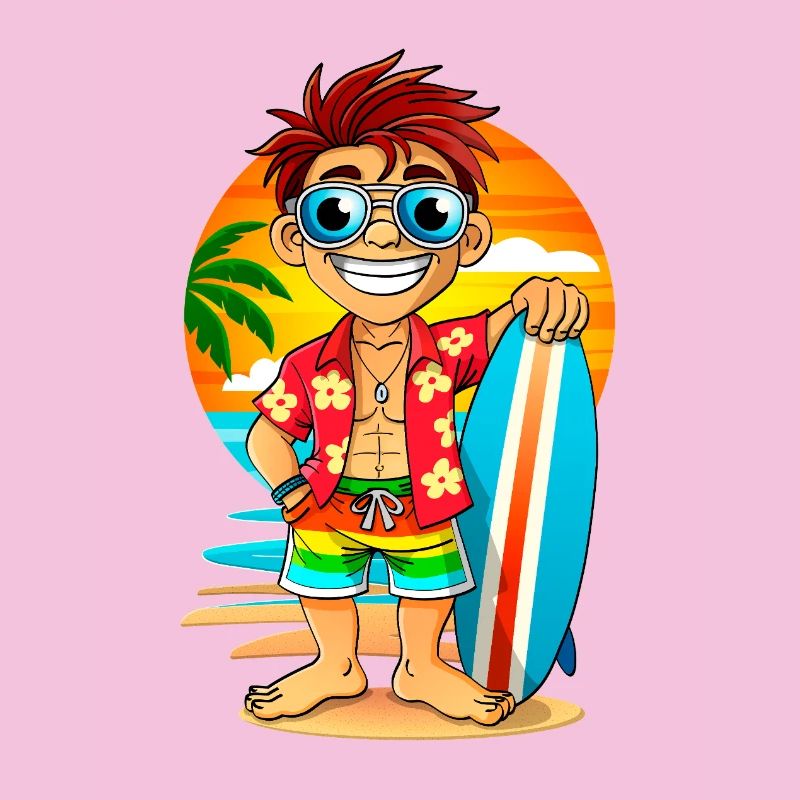 Surfeur joyeux avec une planche de surf sur la plage.
