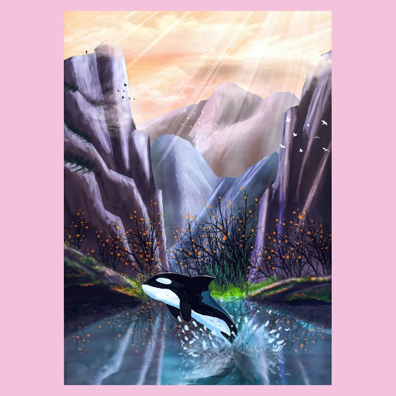 Orca jumping in mountain valley
