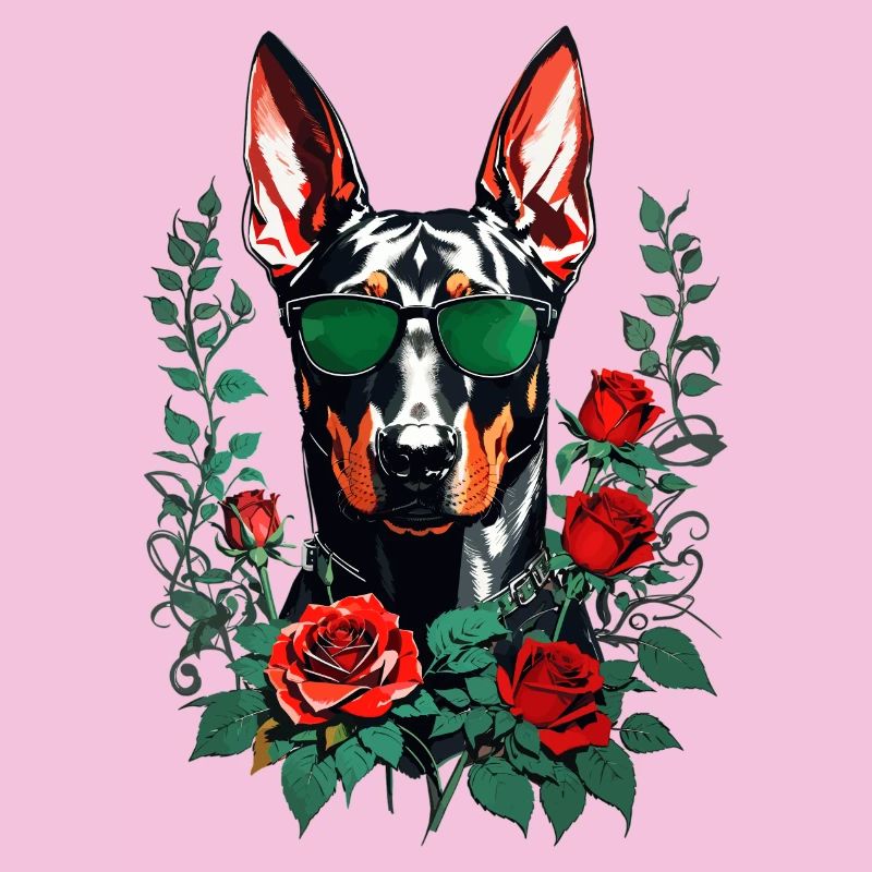 Dobermann mit Rosen