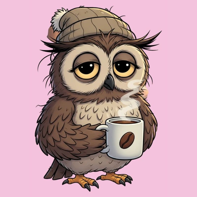 Verschlafene Eule Mit Kaffeetasse Cartoon
