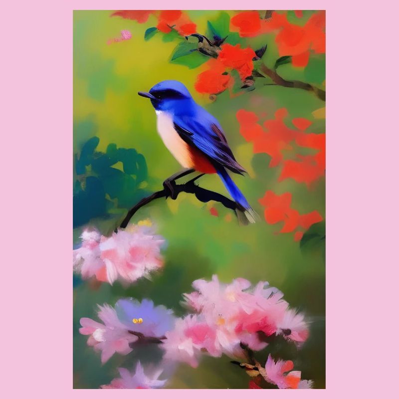Oiseau sur branche avec fleurs