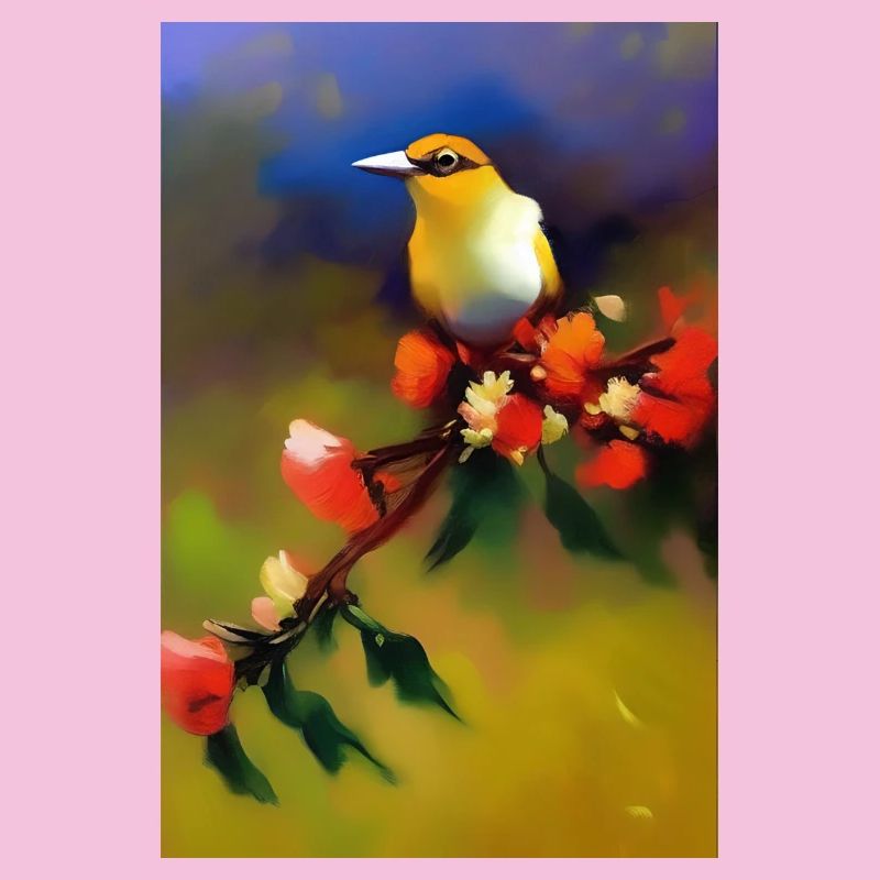 Oiseau sur branche avec des fleurs colorées