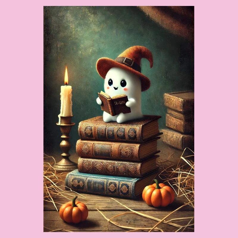 Reading Halloween ghost with a witch hat