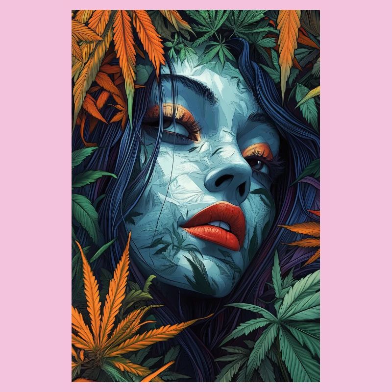 Neon leaf portrait with red lips